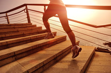 Fitness Woman Runner Running Seaside Stone Stairs