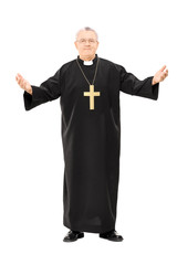 Poster - Mature reverend in black mantle with open hands