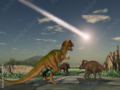 Plakat na zamówienie Dinosaurios mirando la caída de un asteroide