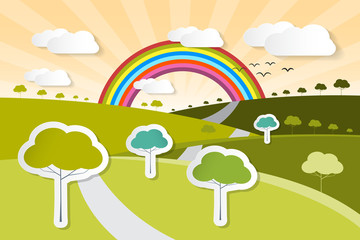 Wall Mural - Paper Vector Nature Background with Trees, Clouds and Rainbow