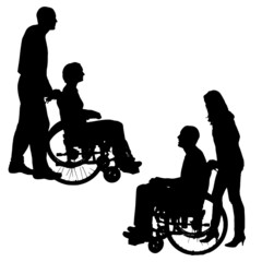 Wall Mural - Vector silhouettes of people in a wheelchair.