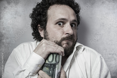 Fotografía Save, stingy businessman, saving money, man in white shirt with