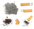 Set Cigarette butts and ashes from tobacco isolated on white