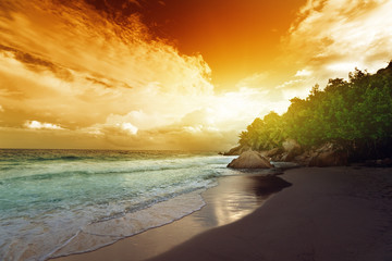 sunset on Seychelles beach, La Digue island