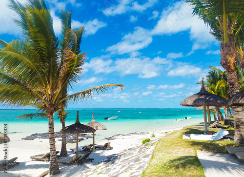 Board z aluminiowym obramowaniem Skalista plaża mauritius z palmami i leżakami