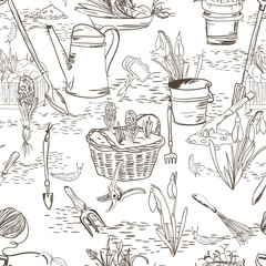 Sticker - Seamless sketch with gardening tools