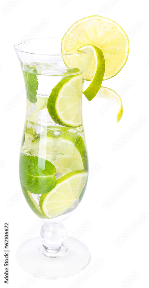 Glass of cocktail with lime and mint isolated on white