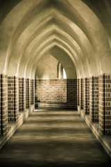 Interior old empty hall. Arch of castle. Medieval architecture.