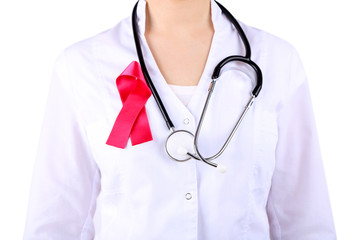 Canvas Print - Doctor  with ribbon formed Aids symbol, close-up, isolated