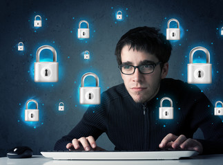 Aufkleber - Young hacker with virtual lock symbols and icons