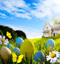 Art Easter Eggs On Spring Field