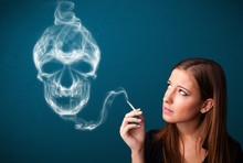 Young Woman Smoking Dangerous Cigarette With Toxic Skull Smoke