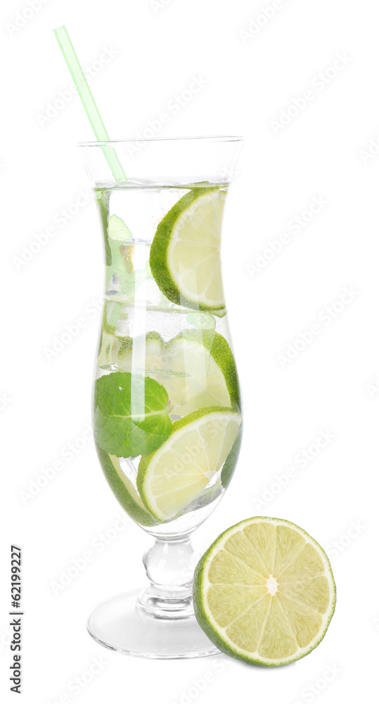 Glass of cocktail with lime and mint isolated on white
