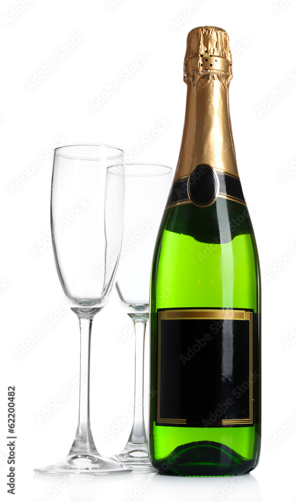 Bottle of champagne and empty glasses, isolated on white