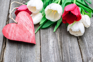 Wall Mural - fresh tulips with a red heart