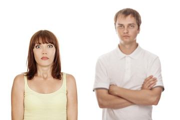 Closeup portrait of young couple,isolated on white background.