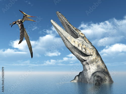 Obraz w ramie Pterosaur Pteranodon and Mosasaur Tylosaurus