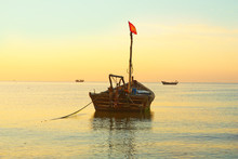 Morning On The Yellow Sea. Fishing Boats Are At Sea.