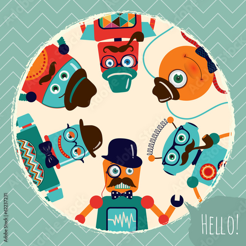 Obraz na płótnie canvas dwuczęściowy "dyptyk" Ilustracja karty retro hipster roboty, transparent, tło