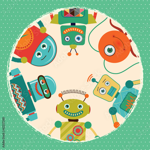 Fototapeta dla dzieci Vintage Retro Robots Card Illustration, Banner, Background