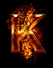 k, illustration of  letter with chrome effects and red fire on b