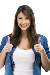 Sticker - Beautiful woman with thumbs up, isolated over white background