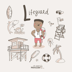 Cute vector alphabet Profession. Letter L - Lifeguard