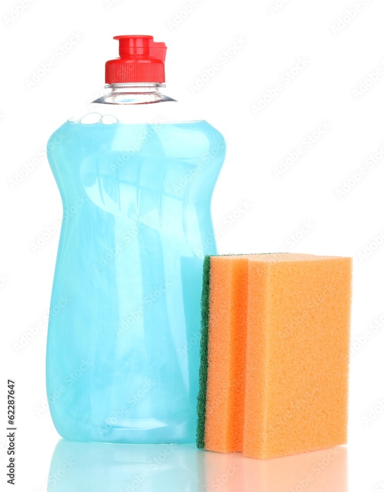 Dishwashing liquid and sponge isolated on white