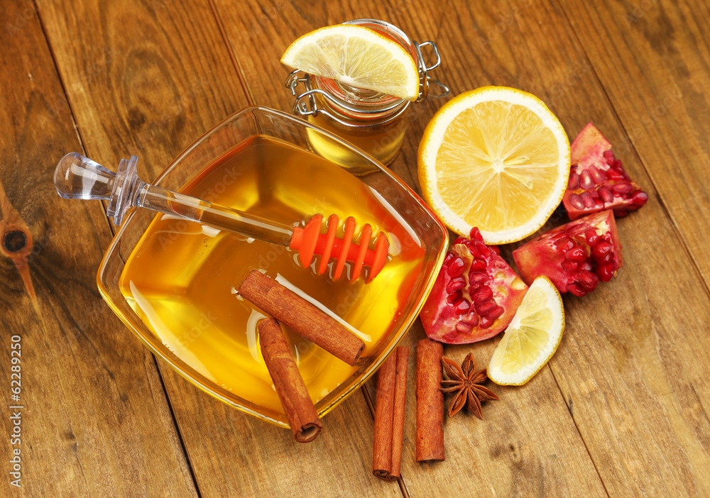 Sweet honey on wooden table