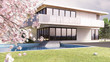 3D Haus mit blühendem Kirschbaum