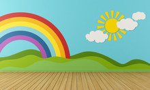 Empty Playroom With Rainbow And Green Hills