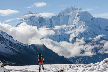 Poster - Hiker walks on train in Himalayas