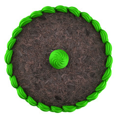 top view of round chocolate cake with green cream isolated on wh