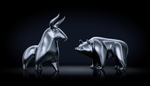 Metallic Statuettes Of A Bull And A Bear As Stock Market Players