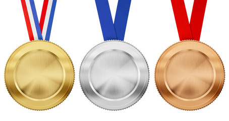 gold, silver, bronze medal set with different ribbons isolated o