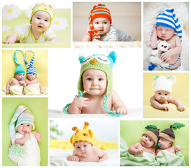 Wall Mural - set of funny babies or children weared in hats