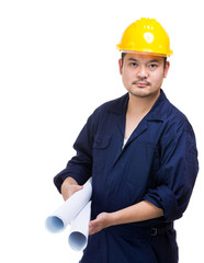 Wall Mural - Asia construction worker with blue print