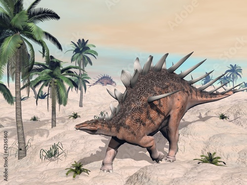 Fotoboard na płycie Kentrosaurus dinozaury na pustyni - 3d render
