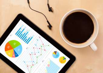 Wall Mural - tablet pc shows charts on screen with a cup of coffee on a desk