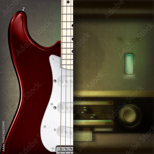 Obraz na płótnie canvas trzyczęściowy "tryptyk" Abstrakcyjne tło z gitarą elektryczną i radiem retro