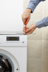 Wall Mural - Technician servicing washing machine using screwdriver