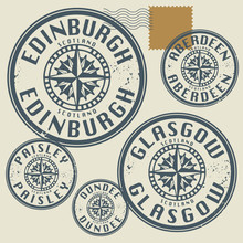 Grunge Rubber Stamp Set With Names Of Scotland Cities