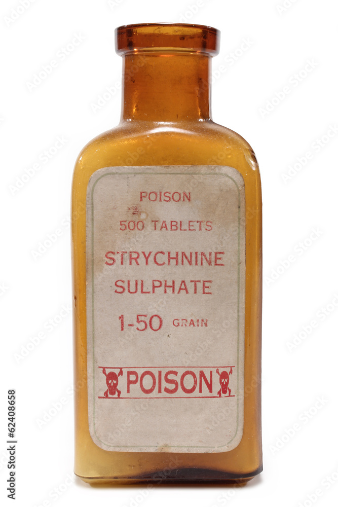 Antique pharmacy bottle of strychnine poison on white background