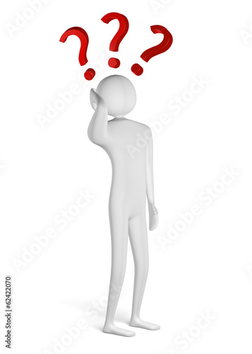 Fotografia, Obraz 3d man with three question marks above his head
