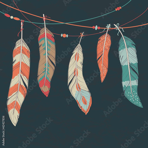 Plakat na papierze fotorealistycznym Wektor kolorowy zestaw etnicznych piór ozdobnych