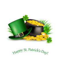 Saint Patrick's Day background with a green hat and gold coins i