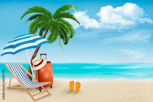 Board z aluminiowym obramowaniem Plaża z palmami i leżakiem. 
