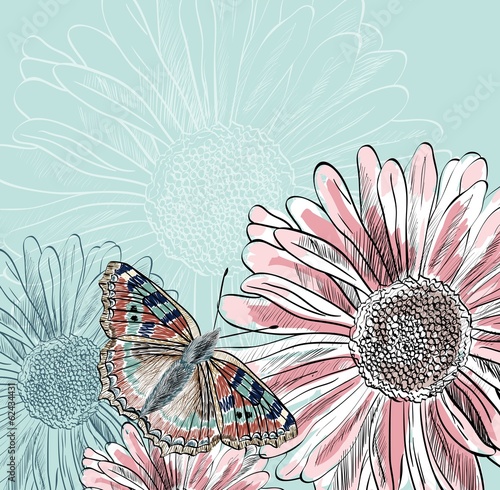 Obraz w ramie Illustration of beautiful butterflies flying around flower.