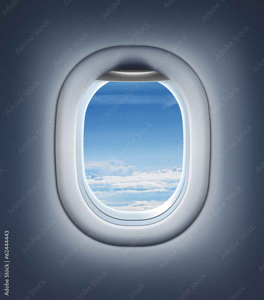 Airplane interior or jet window with clouds and sky. Stock Photo ...