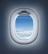 Airplane Interior Or Jet Window With Clouds And Sky.